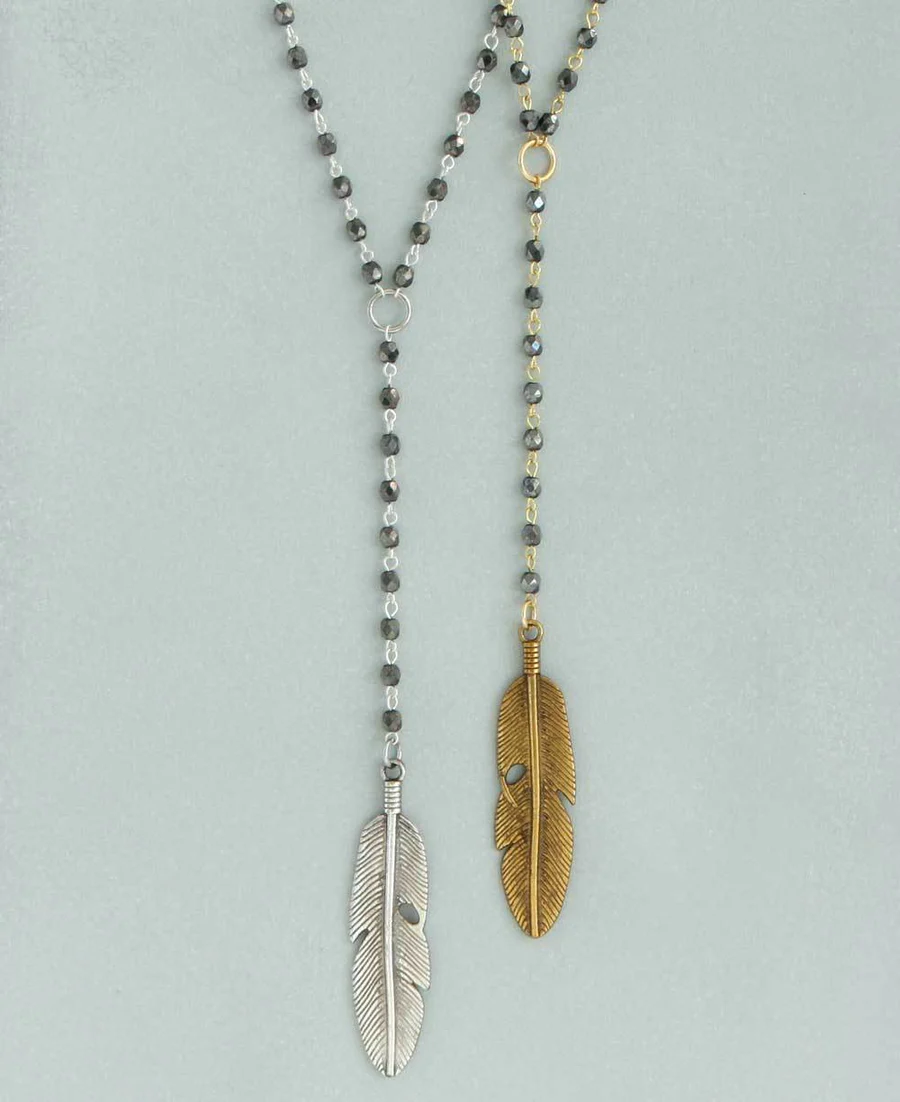 Vera Viva Fly High Beaded Y Necklace with Feather Pendant