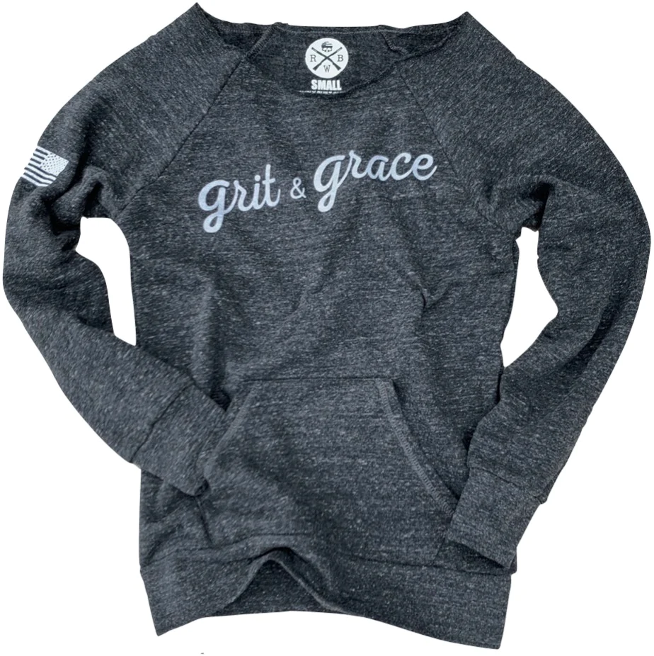 Red White Apparel Women's Grit & Grace Ultra Soft Off The Shoulder Sweatshirt (Charcoal)