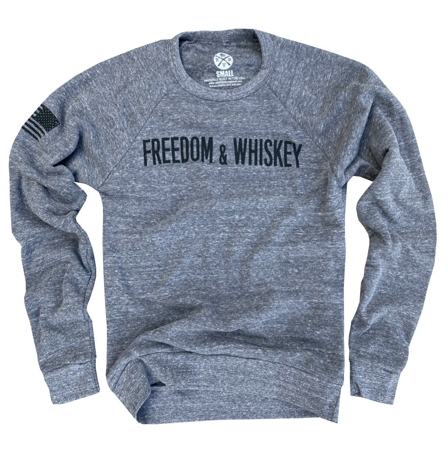 Red White Blue Apparel Women's Freedom & Whiskey Ultra Soft Crew Neck Sweatshirt (Gray)