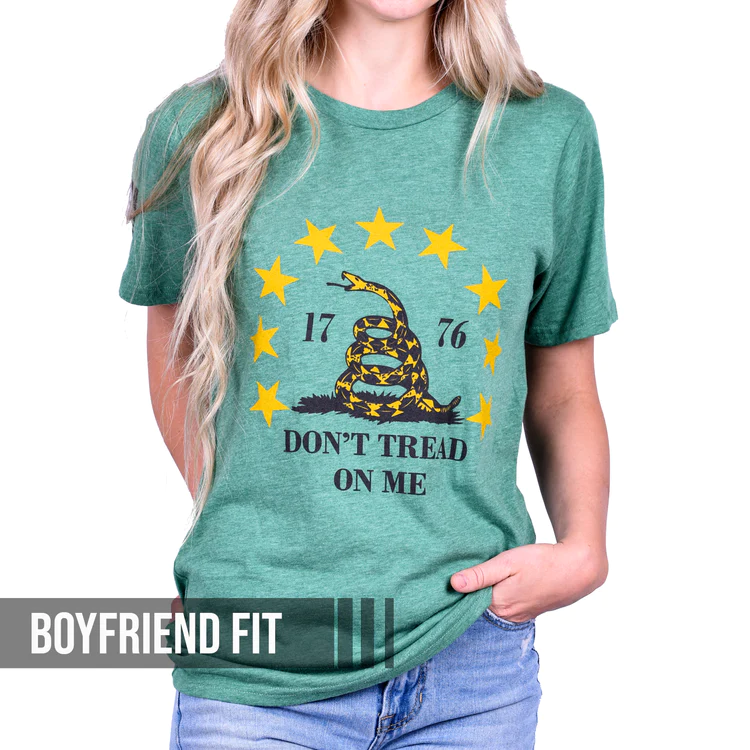 Freedom Fatigues Women's Don't Tread on Me Patriotic T-Shirt (Heather Green) posted by ProdOrigin USA in Women's Apparel 